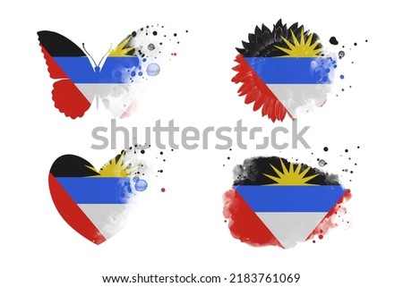 Sublimation backgrounds different forms on white background. Artistic shapes set in colors of national flag. Antigua and Barbuda