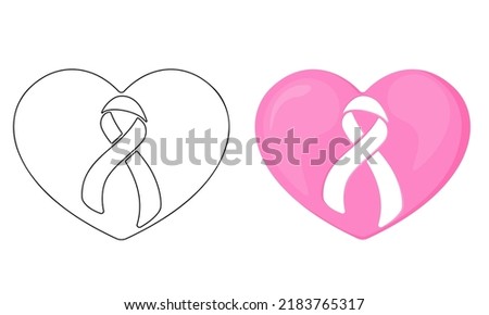 Set of vector illustrations Pink heart with ribbon isolated on white background in casual style