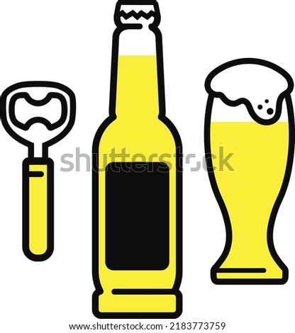 Bottle of beer and beer glass. Bottle opener. Simple design for a craft brewer