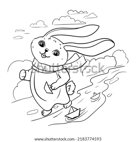 The rabbit launches paper boats down the stream. Bunny. The arrival of spring. Coloring book for children. Vector illustration isolated on white background.
