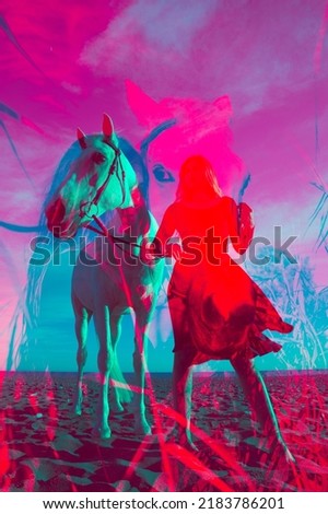 Colored Double exposure picture of a young woman and a white horse
