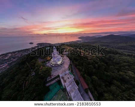 Aerial view Big Buddha of Phuket Thailand Height: 45 m. Reinforced concrete structure adorned with white jade marble Suryakanta from Myanmar