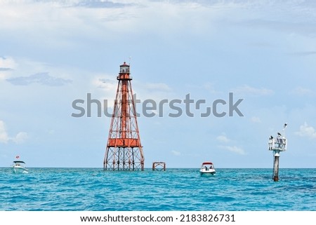 Sombrero Key Lighthouse offshore of Vaca Key in Marathon in the Florida Keys. Royalty-Free Stock Photo #2183826731