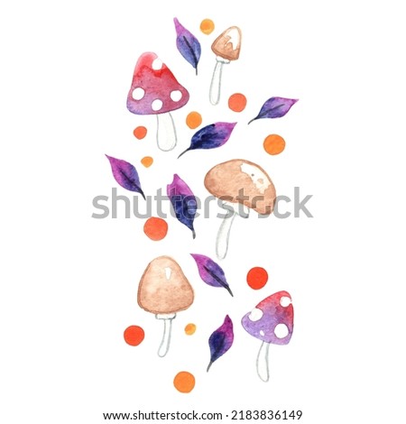 Poison mushroom with mythical leaves watercolor illustration decoration for autumn and Halloween festival.