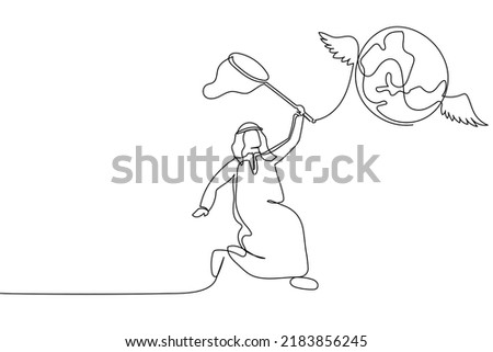 Continuous one line drawing Arabian businessman try to catching flying globe with butterfly net. Failed to travelling around world due to pandemic. Single line draw design vector graphic illustration