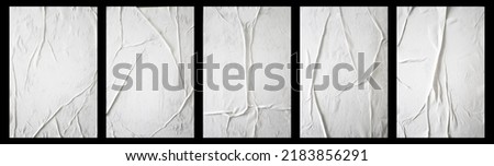 Set of blank white glued paper for poster texture overlay. Crumpled and wrinkled pattern for background. Collection of matted wet paper for mockup posters, flyer,  brochure, and banner design Royalty-Free Stock Photo #2183856291