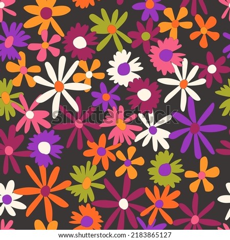 Floral seamless vector pattern. Nostalgic retro 60s-70s groovy print. Vintage floral background. Textile and surface design with old fashioned hand drawn naive colorful flowers Royalty-Free Stock Photo #2183865127