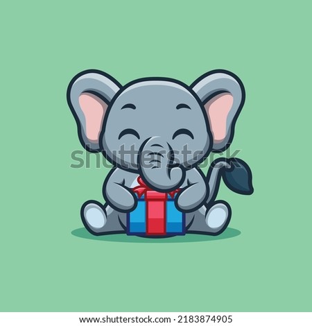 Elephant Sitting Gift Box Cute Creative Kawaii Cartoon Mascot Logo