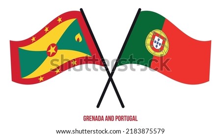 Grenada and Portugal Flags Crossed And Waving Flat Style. Official Proportion. Correct Colors.