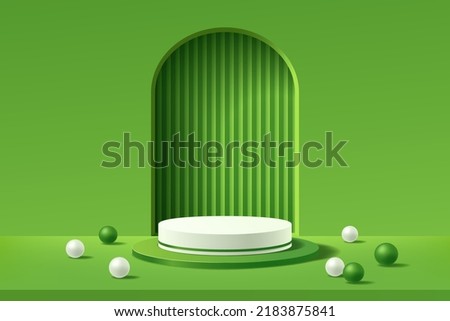 Empty 3d white and green round podium with abstract geometric shape arch style background for display product, Vector illustration