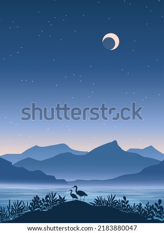 Hand drawn foggy scenery with lake and mountains background
