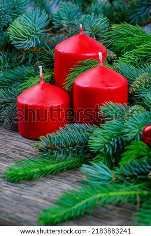 Background for a gift card. Three red candles in spruce branches close-up