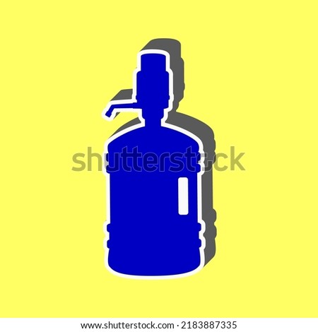 Plastic bottle silhouette with water and siphon. Blue Icon with white stroke in 3d at yellow Background. Illustration.