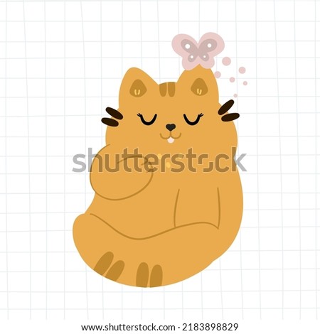 Cute cat with a butterfly. Isolated concept of pet food icon on checkered background. Flat cartoon style for baby shower, baby store, books