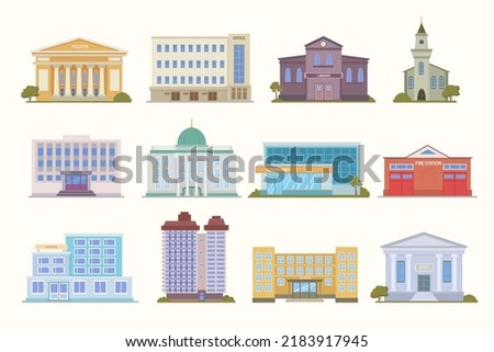 Municipal buildings. museum hospital cerch supermarkets school police department. Municipal architectural objects in cartoon style Royalty-Free Stock Photo #2183917945