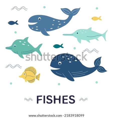 Cute ocean fish, whale, dolphin, shark and others. Set of sea animals. Underwater world of wild nature. Vector illustration