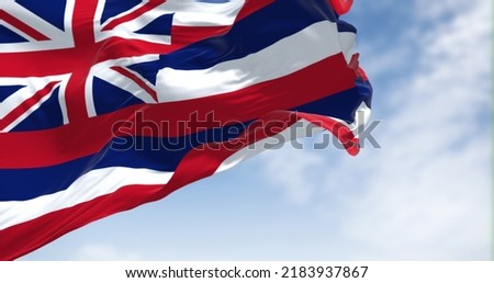 The US state flag of Hawaii waving in the wind on a clear day. Hawaii is a state in the Western United States, located in the Pacific Ocean. Democracy and independence. Seamless loop in slow motion