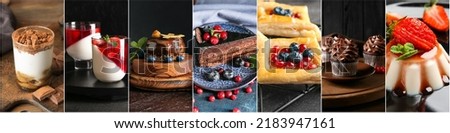 Set of tasty desserts on dark background Royalty-Free Stock Photo #2183947161