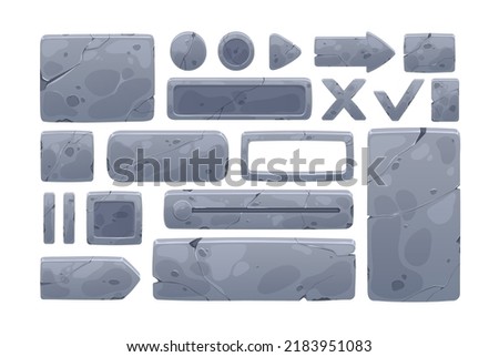 Stone plates, boards, banners for games. GUI design elements set. Rock, metal panels, buttons, keys, frames, arrows, objects for navigation. Flat vector illustration isolated on white background