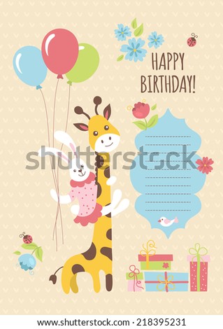 Birthday greeting card design with giraffe and bunny. Vector illustration
