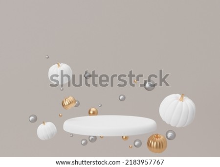 White podium with Halloween decoration on beige background. Halloween composition. Scene for product, cosmetic presentation. Trendy mock up. Pedestal, platform, stage for beauty product. 3D rendering