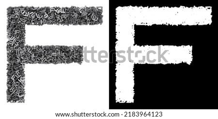 Letter F made of small metal letters f, isolated on white with clipping mask, 3d rendering