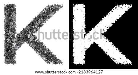 Letter K made of small metal letters k, isolated on white with clipping mask, 3d rendering