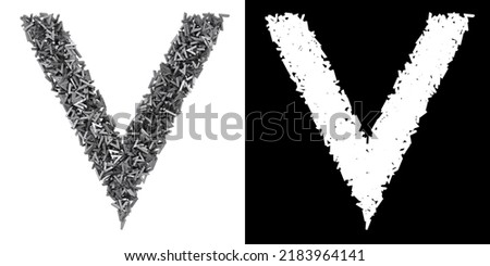 Letter V made of small metal letters v, isolated on white with clipping mask, 3d rendering