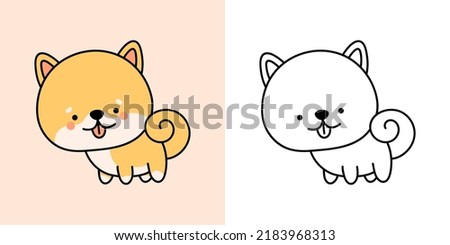 Shiba Dog Clipart for Coloring Page and Multicolored Illustration.  Adorable Clip Art Shiba Inu. Vector Illustration of a Kawaii Shiba Inu Puppy for Coloring Pages, Prints for Clothes, Stickers.
