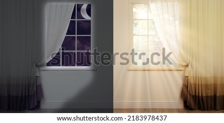 Beautiful view of sky through windows in day and night, collage Royalty-Free Stock Photo #2183978437
