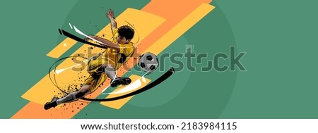 Contemporary art collage.Professional male soccer football player kicking the ball over abstract retro colors background. Sport, achievements, media, betting, news, ad