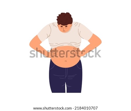Young overweight man worries about his fat belly. Sad chubby guy looking on big full  tummy. Weight loss, diet concept. Flat vector illustration isolated on white background Royalty-Free Stock Photo #2184010707