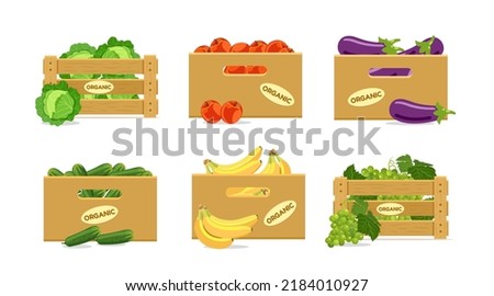 Set of boxes with fruits and vegetables. With cabbage, apples, eggplants, cucumbers, bananas, grapes. Vector illustration isolated on white background. Royalty-Free Stock Photo #2184010927