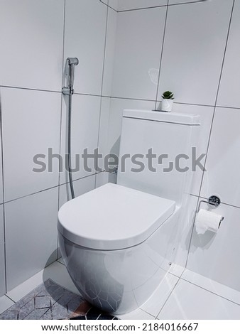 White toilet bowl with white ceramic walls, shower wash and tissue paper