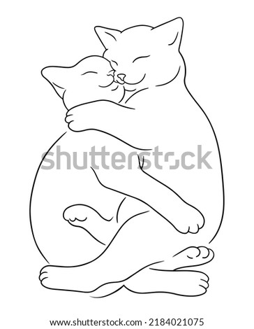 Two kittens cuddle and sleep together. Line art sketch of sleeping cats hug each other. Pets friendly concept Royalty-Free Stock Photo #2184021075