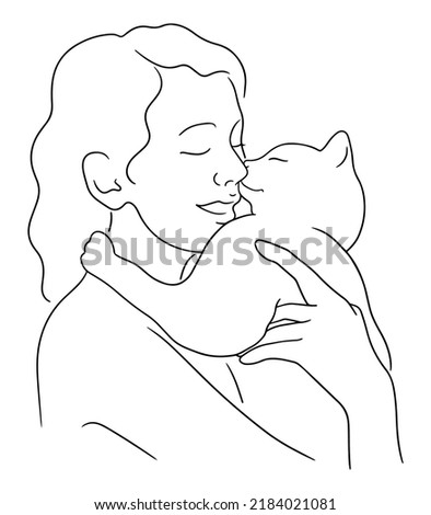 Line art vector illustration of person cuddling cat. Woman hugging a cat and smiling. Pets friendly concept