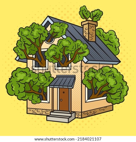 Tree grows inside house and branches in windows pop art retro vector illustration. Comic book style imitation.