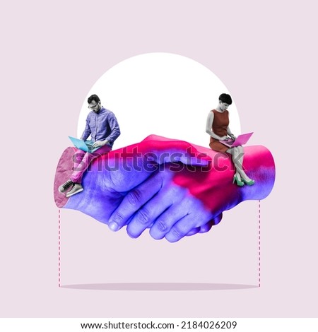 Making a deal between two partners, art collage. Business concept.