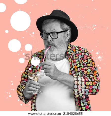 Party mood. Stylish senior man drinking cocktail over pink background. Collage in magazine style. Surrealism, art, creativity, fashion and retro style concept. Old men like young people in modern life