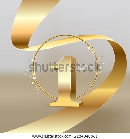 1th Anniversary celebration. Gold numbers with glitter gold confetti, serpentine. Festive background. Decoration for party event. One year jubilee celebration. Vector illustration. Royalty-Free Stock Photo #2184040861