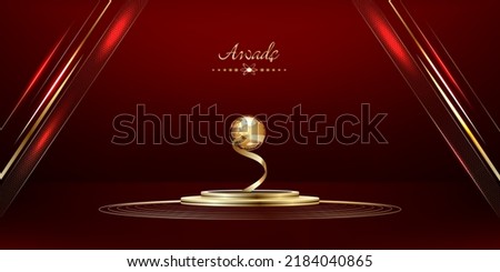 Gold award on the podium on a red-maroon background. Vector. Royalty-Free Stock Photo #2184040865