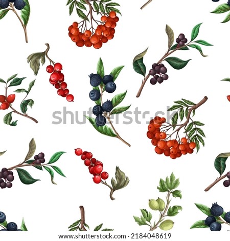 Seamless pattern with berries, such as rowan, blueberries and other. Vector Royalty-Free Stock Photo #2184048619