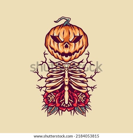 Pumpkin Skull  And Roses Retro Illustration For Business