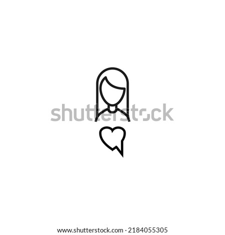 Vector signs drawn in flat style with thin black line. Editable stroke. Suitable for adverts, books, articles, banners. Line icon of speech bubble in form of heart next to faceless woman