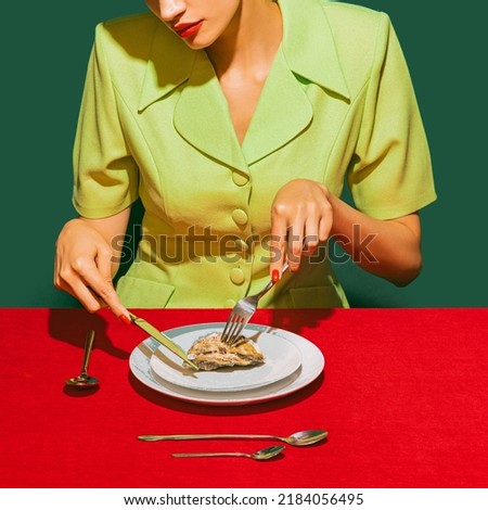 Food pop art photography. Cropped image of woman eating oyster on red tablecloth isolated over green background. Delicious taste. Vintage, retro style. Complementary colors, Copy space for ad, text