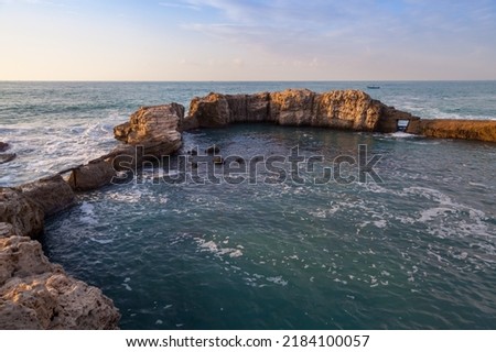Coastal landscape with rocky coast. Mediterranean Sea. Montazah beach, Alexandria, Egypt
