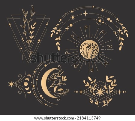 Golden on a black background vector linear magical set: moon, sun, plants, geometry, frames, stars, comet, mystical elements. Can be used as a label, sticker, print on textile or paper, brand logo.
