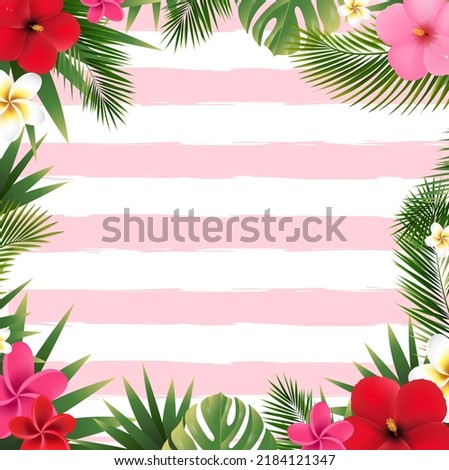 Summer Border And Tropical Flowers And Leaves With Gradient Mash, Vector Illustration
