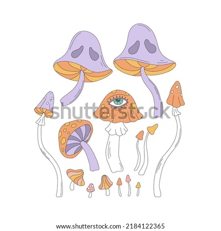 Trippy Mushrooms Fly agaric Toadstool vector illustration set isolated on white. Hippie Halloween Retro 60s 70s Boho Groovy poisonous mushroom print collection. Royalty-Free Stock Photo #2184122365