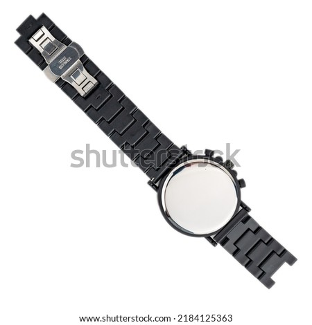 Retro wooden wrist watch on a hand on a white background